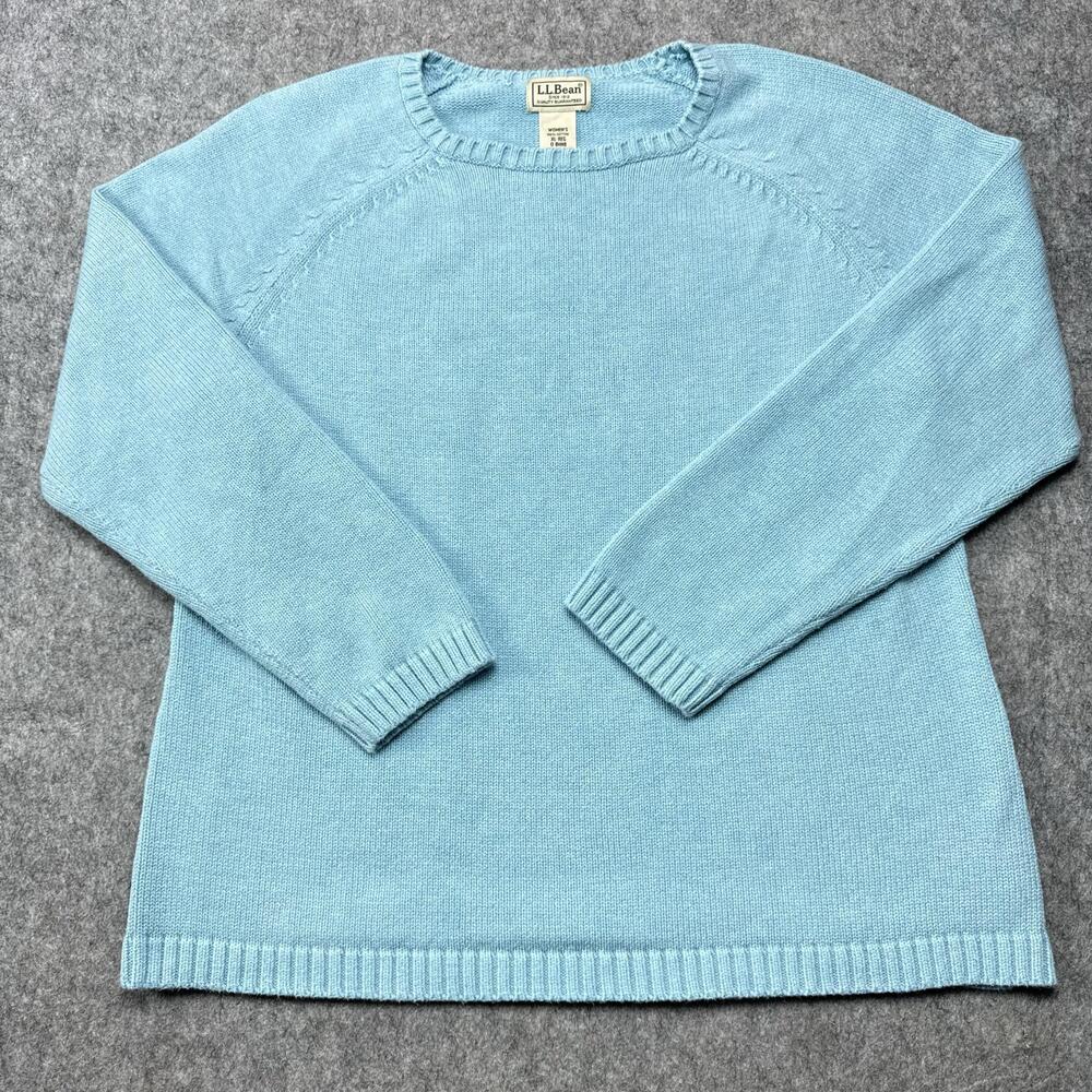 L.L. Bean Sweater Womens XL Blue 100% Cotton Crewneck Knit Pullover Raglan